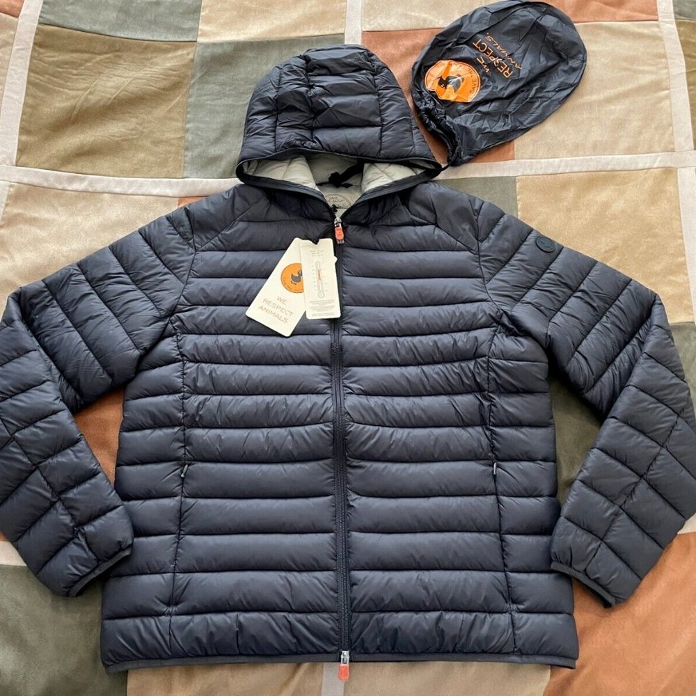 Save The Duck Very Dark Grey Blue  Giga Donald puffer hooded jacket coat XL men